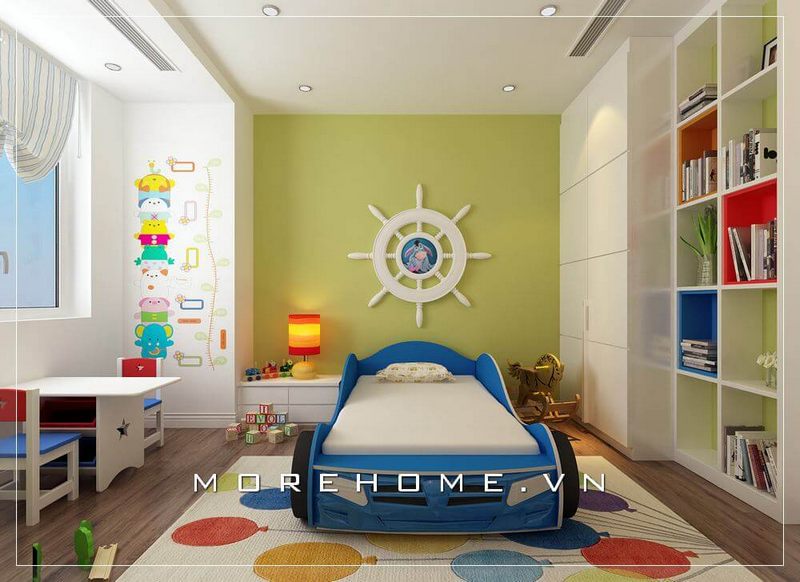 Thiết kế nội thất phòng ngủ trẻ em đầy ấn tượng với cách bố trí đồ đạc khoa học, tone màu xanh sinh động và hiện đại